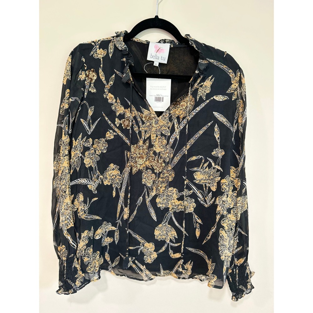 Bella Tu NWT Black Gold Sequin Floral Embellished Boho Blouse Small